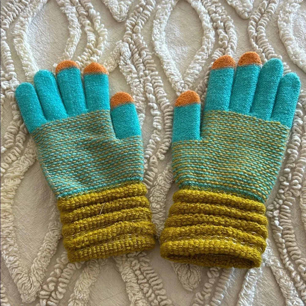 Colorful Knit Gloves with Orange Tips